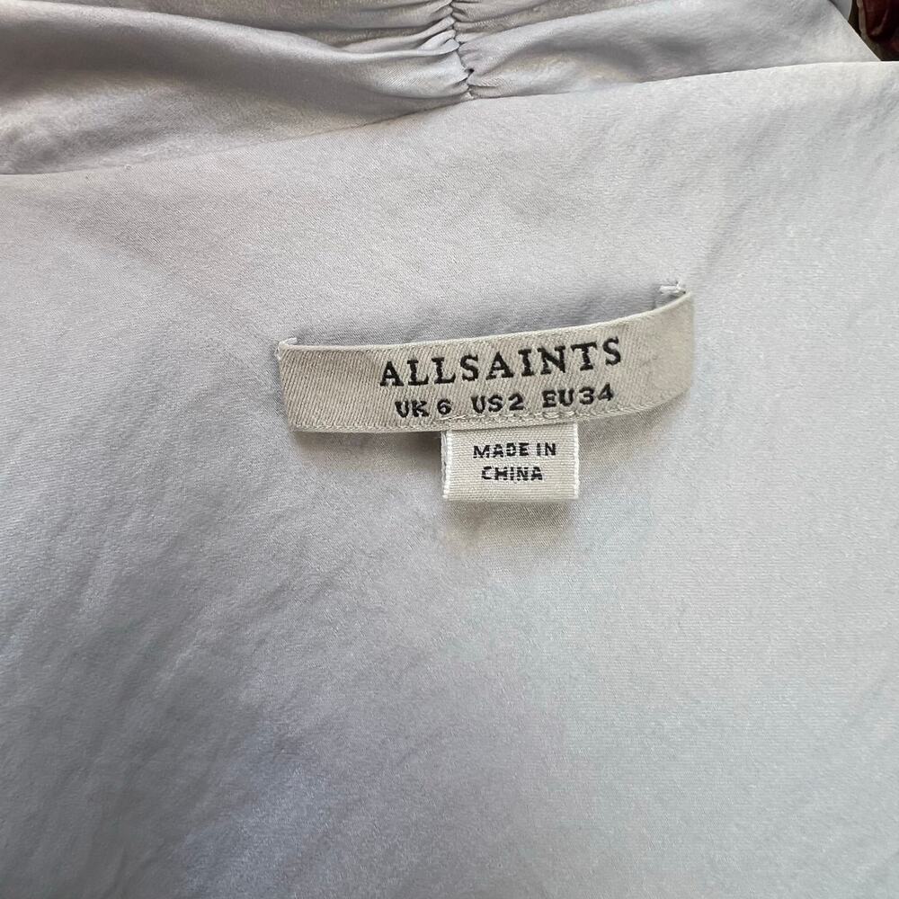 AllSaints Cancity Ruched Wrap Dress Size 2 Light Gray Sleeveless Draped Cocktail - Picture 4 of 4
